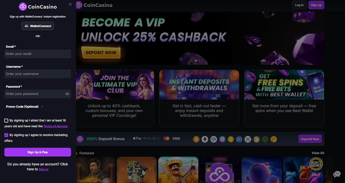 Vytvoření účtu CoinCasino